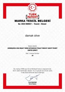 Damak Olive marka tescil belgesi