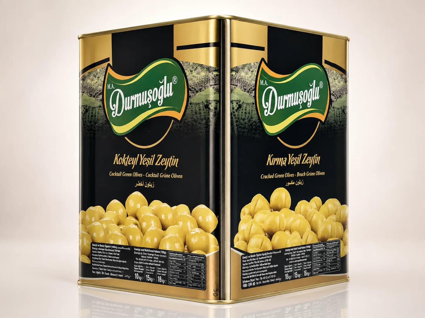 Kokteyl ve kırma yeşil zeytin teneke ambalajları